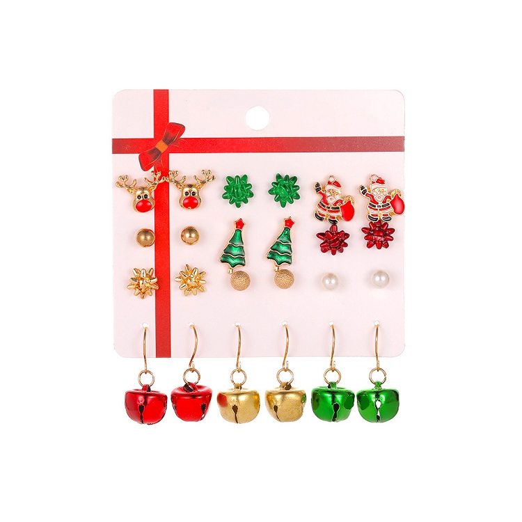 Christmas set earrings Santa Claus oil earrings bells Christmas tree earrings 9 pieces set clip earrings ?